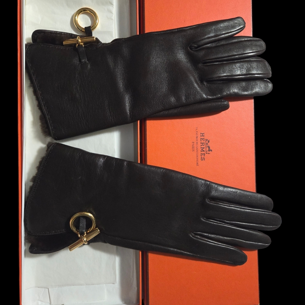 Hermes Black Gloves with Leather Palm and Gold Accents